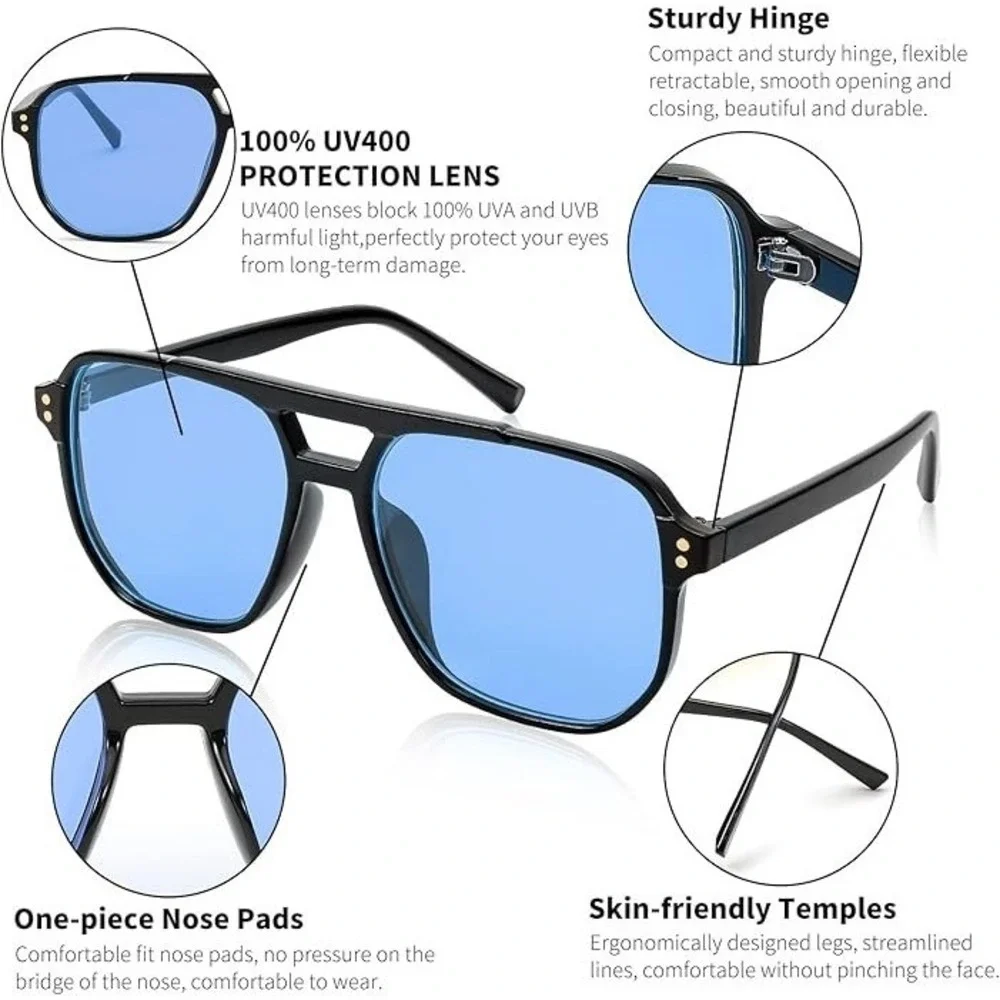 Men Sunglasses Blue Lens Pilot Style Retro Rectangular Outfit‎ Trendy Model 2026